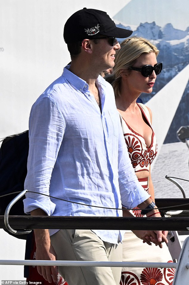 Yesterday, Ivanka was seen wearing a sand-tone two-piece set with red accents, while her husband Jared Kushner opted for a linen shirt and his usual khakis for the boat ride to their Italian dwellings