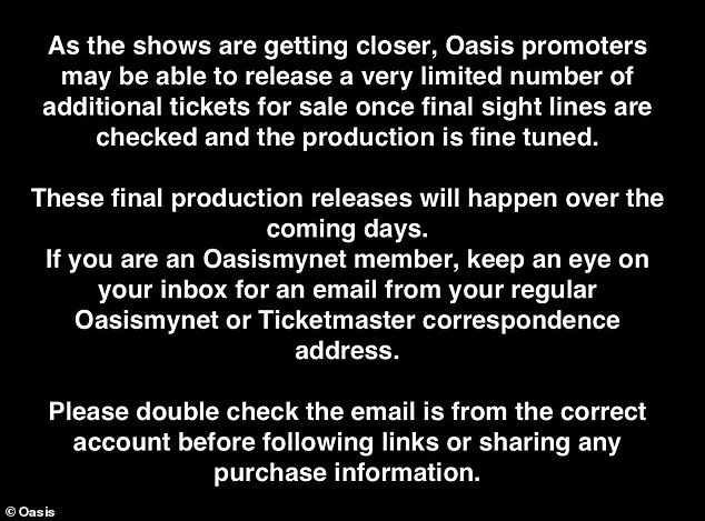 A statement posted to the band's official website on Wednesday confirmed a limited number of tickets will be released 'in the coming days'