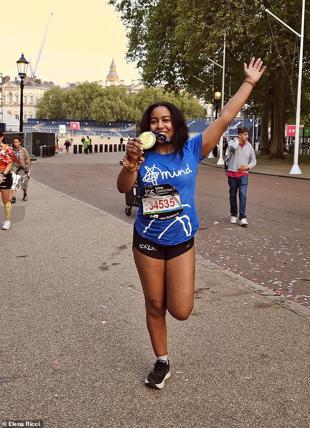 Elena is pictured running the 2025 London Marathon - one of the items on her bucket list