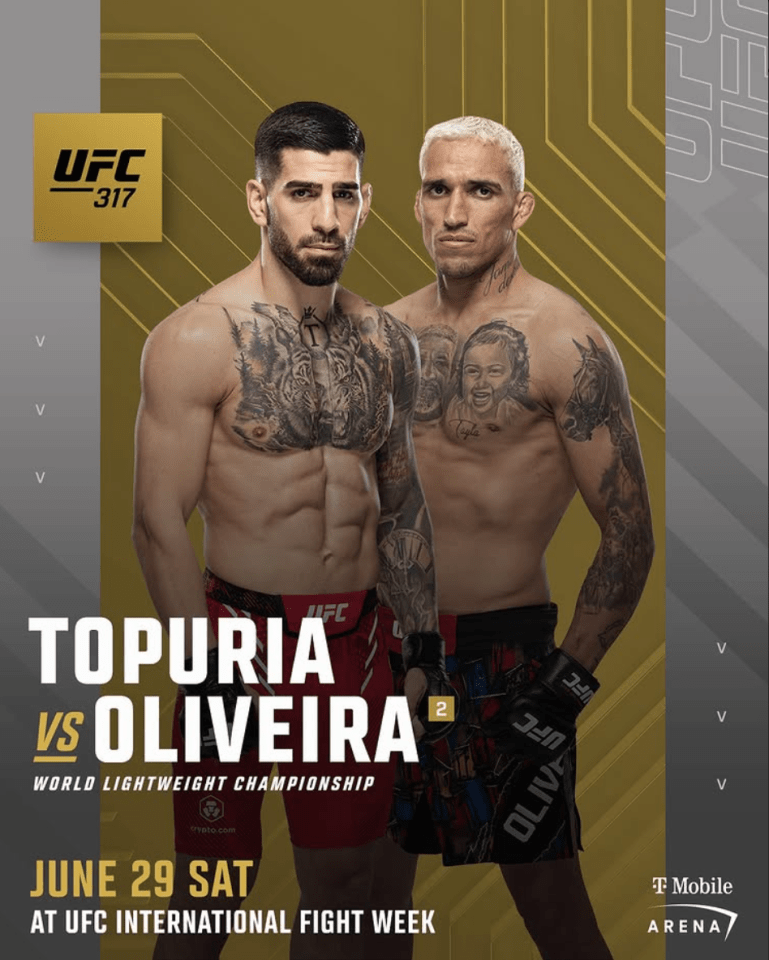 UFC 317: Topuria vs Oliveira, World Lightweight Championship fight poster.