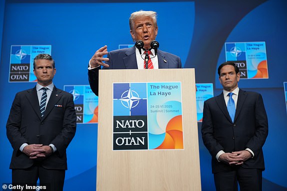 THE HAGUE, NETHERLANDS - JUNE 25: U.S. President Donald Trump speaks to the press following the NATO summit on June 25, 2025 in The Hague, Netherlands. This year's NATO summit, which brings together heads of state and government from across the military alliance, is being held in the Netherlands for the first time. Among other matters, members are to approve a new defense investment plan that raises target for defense spending to 5% of GDP. (Photo by Andrew Harnik/Getty Images)