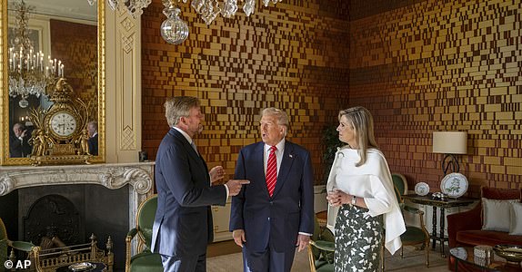 President Donald Trump poses with Netherland's King Willem Alexander and Netherland's Queen Maxima at the Paleis Huis den Bosch prior to attending a NATO summit in The Hague, Netherlands, Wednesday, June 25, 2025. (Frank van Beek, Pool Photo via AP)