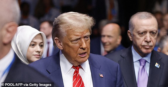 US President Donald Trump (C) and Turkey's President Recep Tayyip Erdogan arrive to attend the North Atlantic Council plenary meeting at the North Atlantic Treaty Organisation (NATO) summit in The Hague on June 25, 2025.  (Photo by Ludovic MARIN / POOL / AFP) (Photo by LUDOVIC MARIN/POOL/AFP via Getty Images)