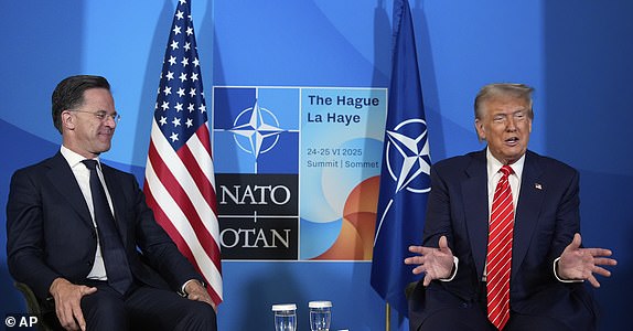 President Donald Trump meets NATO Secretary General Mark Rutte at the NATO summit in The Hague, Netherlands, Wednesday, June 25, 2025. (AP Photo/Alex Brandon)