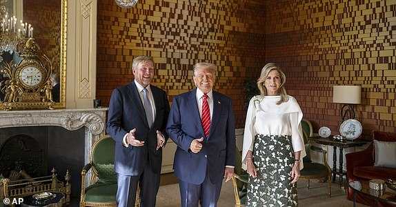 President Donald Trump poses with Netherland's King Willem Alexander and Netherland's Queen Maxima at the Paleis Huis den Bosch prior to attending a NATO summit in The Hague, Netherlands, Wednesday, June 25, 2025. (Frank van Beek, Pool Photo via AP)