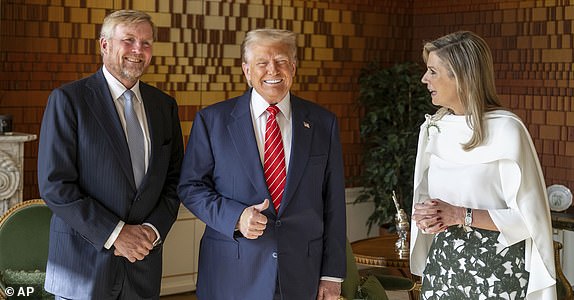President Donald Trump poses with Netherland's King Willem Alexander and Netherland's Queen Maxima at the Paleis Huis den Bosch prior to attending a NATO summit in The Hague, Netherlands, Wednesday, June 25, 2025. (Frank van Beek, Pool Photo via AP)