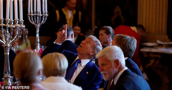 US President Donald Trump and Dutch King Willem-Alexander look up ahead of a dinner with heads of state and government at Paleis Huis Ten Bosch at the invitation of Dutch King Willem-Alexander, in The Hague, The Netherlands, 24 June 2025. Remko de Waal/Pool via REUTERS