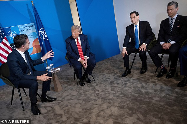 CALL HIM DADDY: NATO Secretary General Mark Rutte (left) told President Donald Trump (center left) 'Daddy has to use strong language,' when the president made mention of how he dropped the F-bomb Tuesday in relation to Israel and Iran