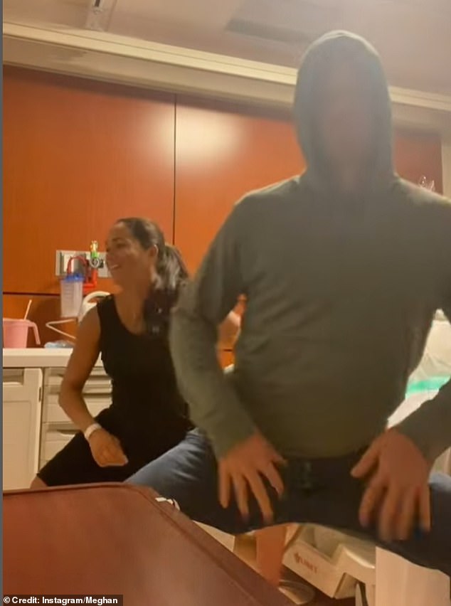 In Meghan's video as Starrkeisha's viral Baby Mama song begins to play, Meghan starts twerking in front of a hospital bed before she gyrates around the room and Harry joins her