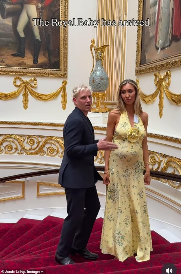As Sophie, 30, showcased her blossoming bump in a floral pastel yellow halter neck summer dress, her husband gestured at her bump as the track began to play