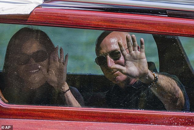 The celebrations are expected to kick off on Thursday and end on Saturday. (Pictured: The couple waving as they arrive in a boat in Venice)