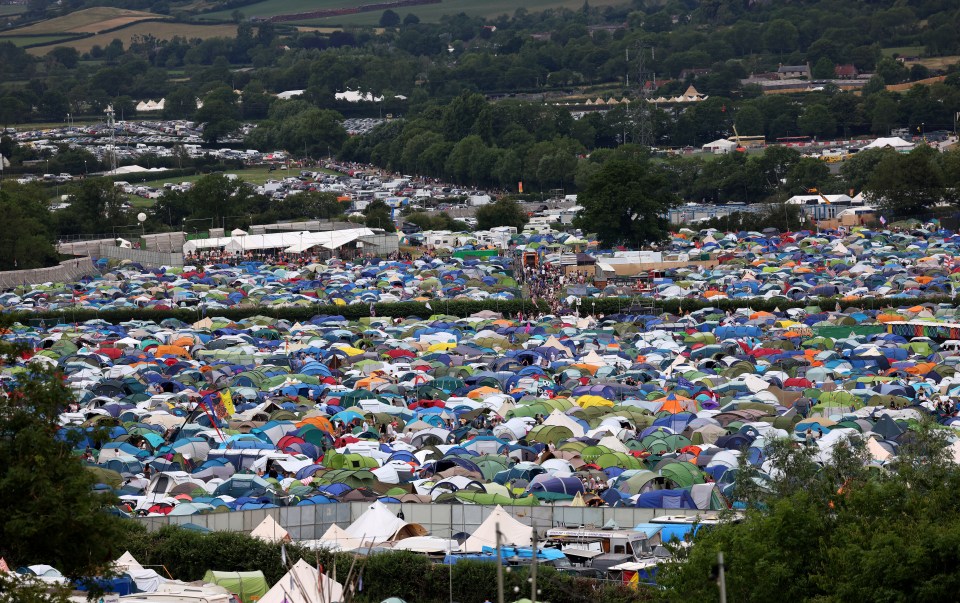 Aerial view of Glastonbury Festival campsite.