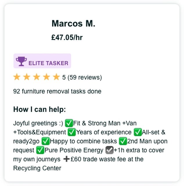 Monzo had a five-star rating as a 'man with a van' on Task Rabbit