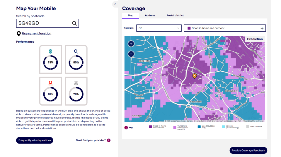 Mobile network coverage map showing performance in SG49GD.
