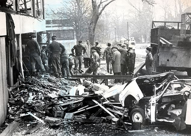 Pictured: The wreckage following an IRA car bomb attack outside the Parachute Brigade at Aldershot Garrison. Seven people were killed
