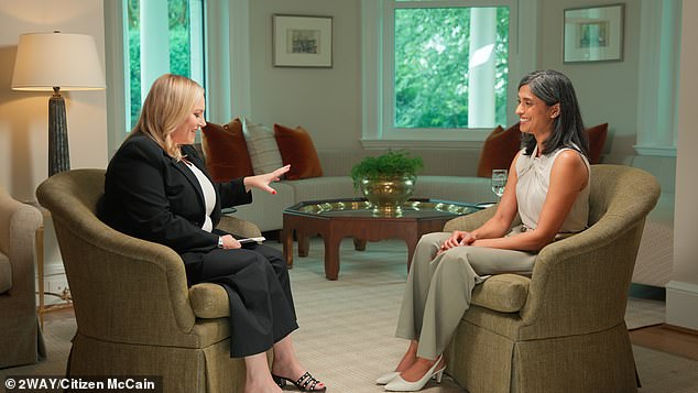 Meghan McCain (left), who hosts the 2Way show Citizen McCain and is a former co-host on The View, revealed to second lady Usha Vance (right) that she was pregnant with her third child, prompting a candid conversation about pregnancy and parenting