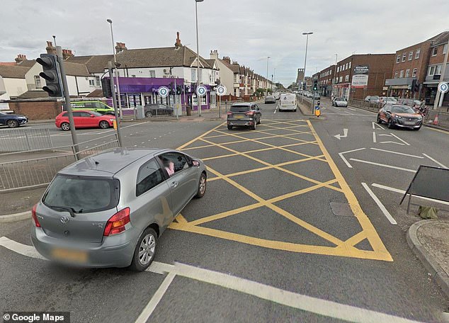 Kent's Medway Council raised the second highest amount at £145,162 after handing out 4,433 PCNs for the five yellow boxes it enforced. Pictured: Yellow box at Rainham Road, junctions with Ash Tree Lane and Canterbury Street, Gillingham