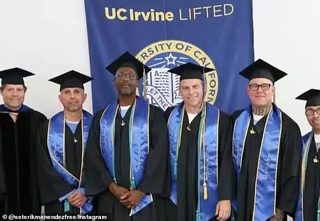 In the happy snaps, Erik, 54, beamed as he stood shoulder to shoulder with other graduates wearing a cap and gown