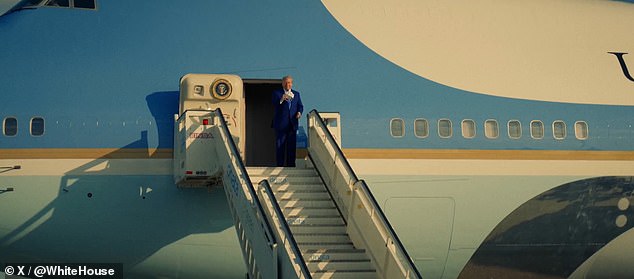 In the video, Trump steps off the plane to crowds lining the streets to catch a glimpse of him as the lyrics 'Daddy's home, home for me / And I know you've been waiting for this loving all day / You know your daddy's home and it's time to play / So you ain't got to give my loving away'