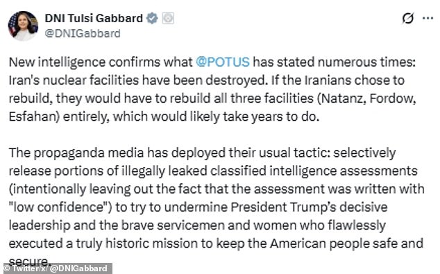 Gabbard fiercely backed the president in his rivalry with the press and said the U.S. troops eliminated Iran's nuclear capabilities