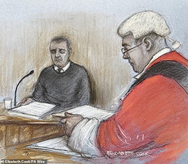 Court artist sketch of BBC racing commentator Mr Hunt giving his victim impact statement