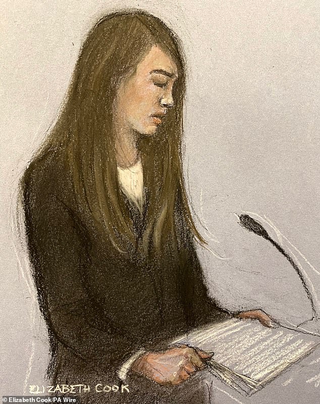 A court sketch of Amy Hunt, John's surviving daughter, reading her powerful victim impact statement