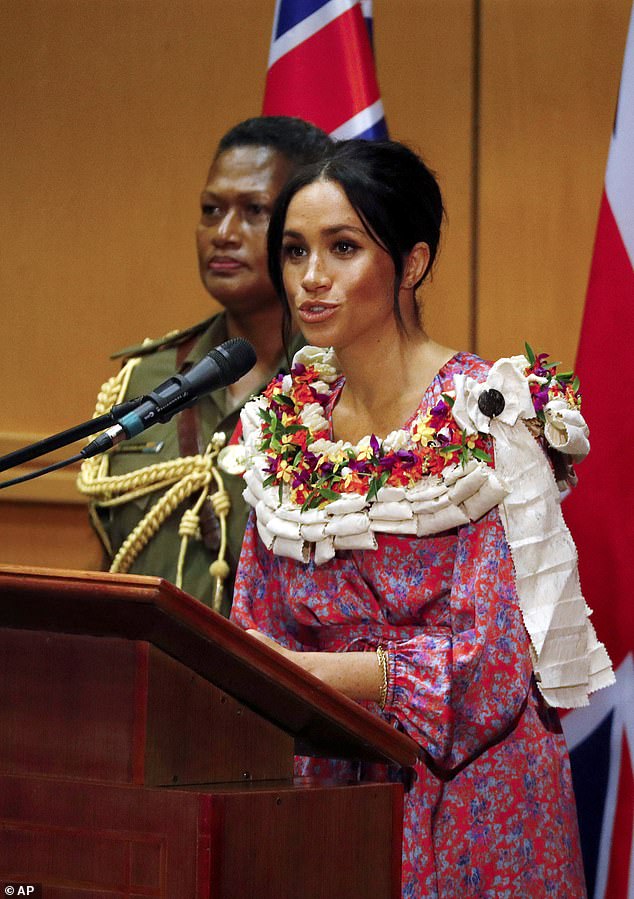 Meghan delivering a speech at the University of the South Pacific in Suva, Fiji, on October 24, 2018