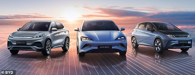 The three BYD EVs first sold in Britain: Left to right, Atto 3, Seal and Dolphin
