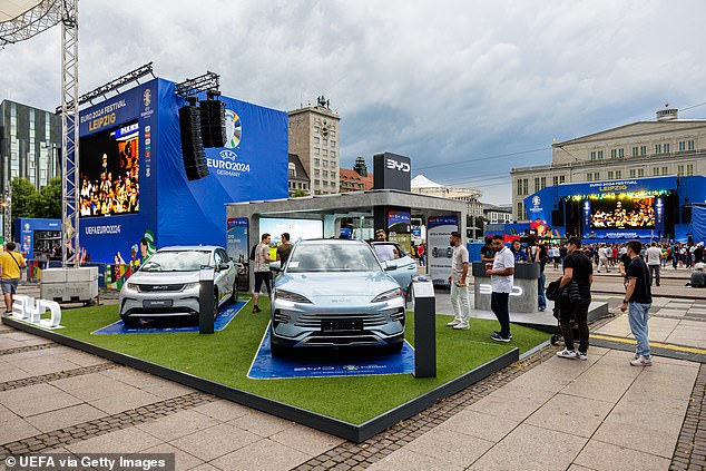 A stand of the Chinese car manufacturer BYD at the official UEFA Fan Zone prior the Group F match between Portugal and Czechia on 18 June