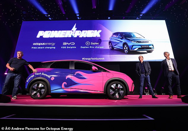 Greg Jackson (left), CEO at Octopus Energy, presented the Power Pack Bundle deal at its Tech Summit this week. In a deal struck with BYD, customers can lease a Dolphin supermini for £299 and get a charger and charging for free. The launch was co-hosted by 1996 F1 champion Damon Hill (far right) and former Top Gear host Quentin Willson (second right)