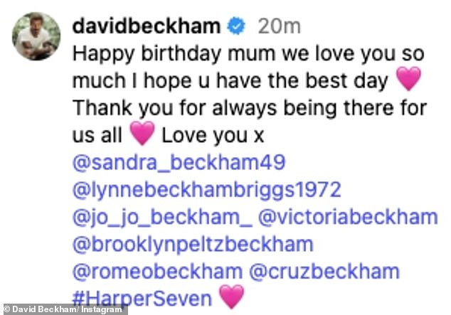 Beckham, 50, rounded off the tribute by including the Instagram handles of various family members, among them his three sons with wife Victoria - Brooklyn, Romeo, and Cruz