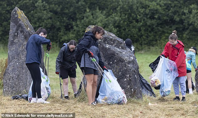 A litter clean-up at the Stone Circle area of the Glastonbury site at Worthy Farm this morning