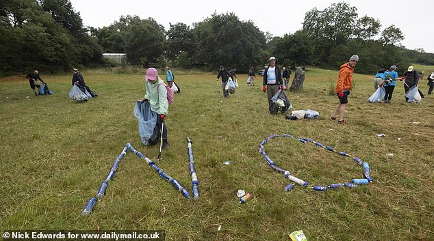 A litter clean-up at the Stone Circle area of the Glastonbury site at Worthy Farm this morning