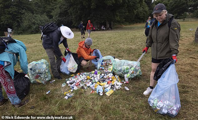A litter clean-up at the Stone Circle area of the Glastonbury site at Worthy Farm this morning