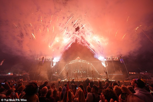 Fireworks at the end of the Glastonbury opening ceremony on the Pyramid Stage last night