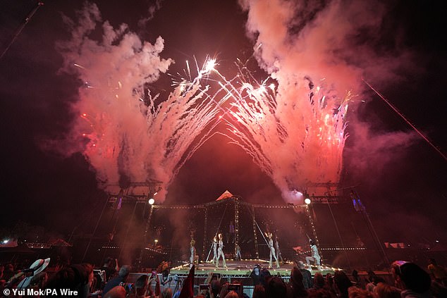 The ceremony finishes with fireworks as the festival begins at Worthy Farm in Somerset