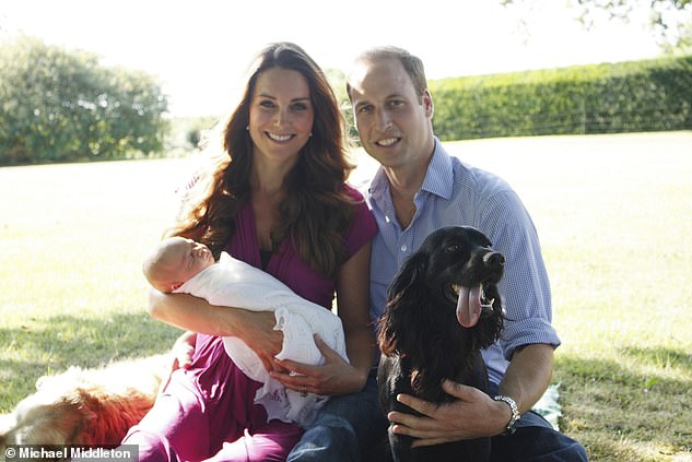 The Prince and Princess of Wales pictured with their previous dog Lupo, who died in 2020, This photo was released in August 2023, soon after the birth of their son Prince George that July