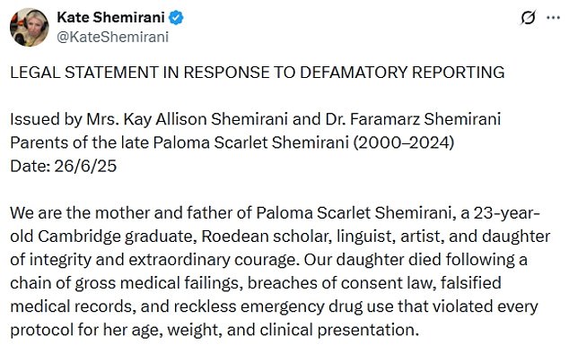 She has fired back furiously on what she labelled 'defamatory reporting' of her daughter's death, including a written statement seemingly signed by Paloma
