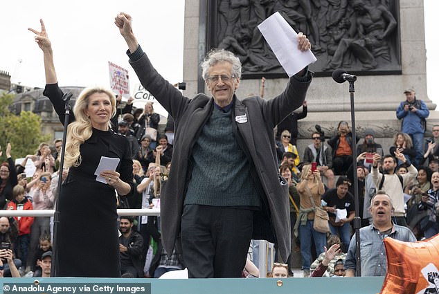 Kate Shemirani continues to share conspiracy theories online to this day (pictured in 2020 with Piers Corbyn at a Trafalgar Square anti-lockdown rally)