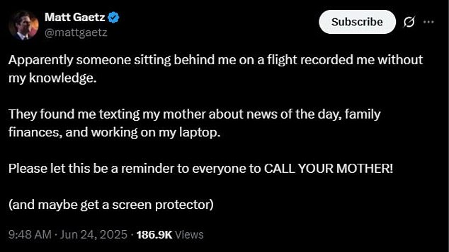 Matt Gaetz addressed the gaff on X, reminding followers to 'call your mother.'