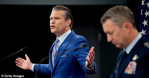 ARLINGTON, VIRGINIA - JUNE 26: U.S. Defense Secretary Pete Hegseth (L) accompanied by Chairman of the Joint Chiefs of Staff Air Force Gen. Dan Caine (R), speaks during a news conference at the Pentagon on June 26, 2025 in Arlington, Virginia. Top officials from the Department of Defense gave an update after three Iranian nuclear facilities were struck by the U.S. military last weekend and Iran countered by launching missiles at Al Udeid Air Base in Qatar. (Photo by Andrew Harnik/Getty Images)