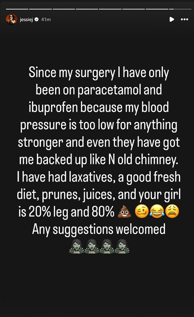 She later added a follow-up post about her discomfort, telling fans: 'Since my surgery I have only been on paracetamol and ibuprofen because my blood pressure is too low'