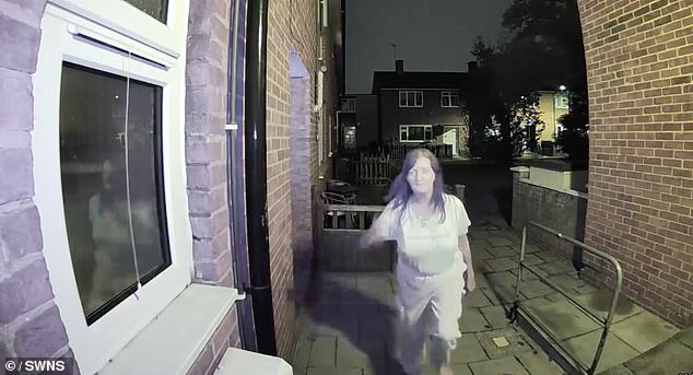 Pictured: Gray storming towards Ben and Emma's doorbell. During the course of two years after she moved in in April 2023, she made death threats and told them she would 'shoot' them