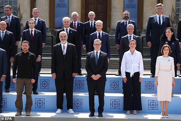 This is not the first time Rama has been pictured wearing trainers at an official event. He also wore trainers at the European Political Community Summit at Blenheim Palace last year. Picture shows Rama posing for a photo with European leaders, including Starmer and Zelensky, while donning his white sports shoes