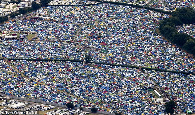 An aerial view of the Glastonbury Festival site at Worthy Farm in Pilton, Somerset, today