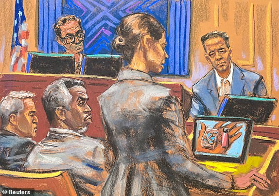 Sean "Diddy" Combs listens as Assistant U.S. Attorney Christy Slavik questions Brendan Paul during Combs' sex trafficking trial in New York City, New York, U.S., June 20, 2025 in this courtroom sketch. REUTERS/Jane Rosenberg