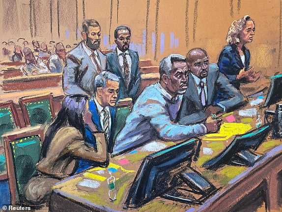 Sean "Diddy" Combs attends a charge conference with his defense lawyers Nicole Westmoreland, Brian Steel, Xavier R. Donaldson and Alexandra Shapiro during Combs' sex trafficking trial in New York City, New York, U.S., June 25, 2025 in this courtroom sketch. REUTERS/Jane Rosenberg