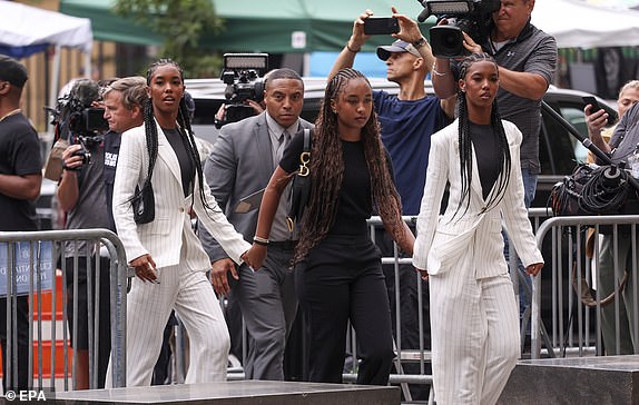 epa12198801 (L-R) D'Lila Combs, Chance Combs and Jessie Combs, the children of US rapper and record executive Sean 'Diddy' Combs, enter a federal courthouse as Sean Combs' trial for sex trafficking, racketeering, and prostitution charges is set to begin closing arguments in New York, New York, USA, 26 June 2025.  EPA/SARAH YENESEL