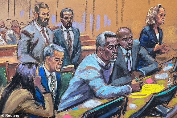 Sean "Diddy" Combs attends a charge conference with his defense lawyers Nicole Westmoreland, Brian Steel, Xavier R. Donaldson and Alexandra Shapiro during Combs' sex trafficking trial in New York City, New York, U.S., June 25, 2025 in this courtroom sketch. REUTERS/Jane Rosenberg