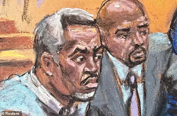 Sean "Diddy" Combs attends a charge conference with his defense lawyer Xavier R. Donaldson during Combs' sex trafficking trial in New York City, New York, U.S., June 25, 2025 in this courtroom sketch. REUTERS/Jane Rosenberg